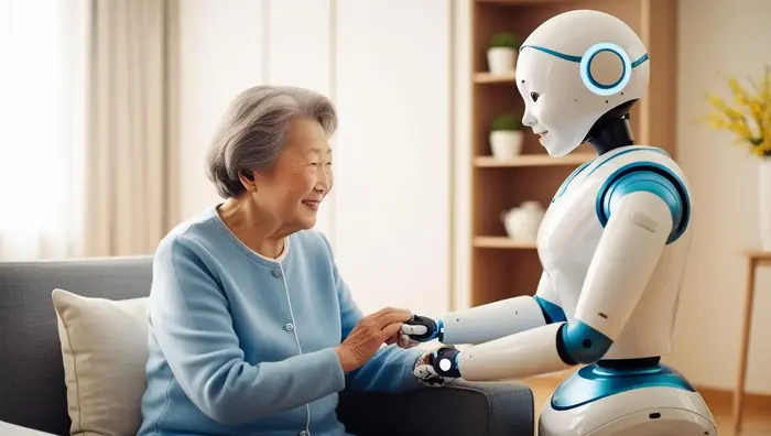노인과 소통하는 돌봄용 AI 로봇: 따뜻한 미소를 나누고 손을 잡고있는 스마트 홈 케어의 개념.