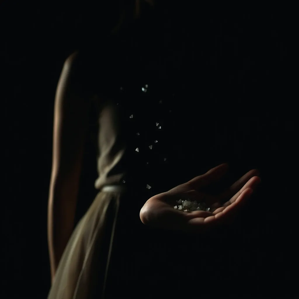 부드럽고 섬세한 여성의 실루엣이나 손 위에 작고 날카로운 미세플라스틱 조각들이 흩어져 있는 모습. 우려와 취약성을 동시에 표현하며, 어두운 색조로 긴박한 느낌을 더합니다.