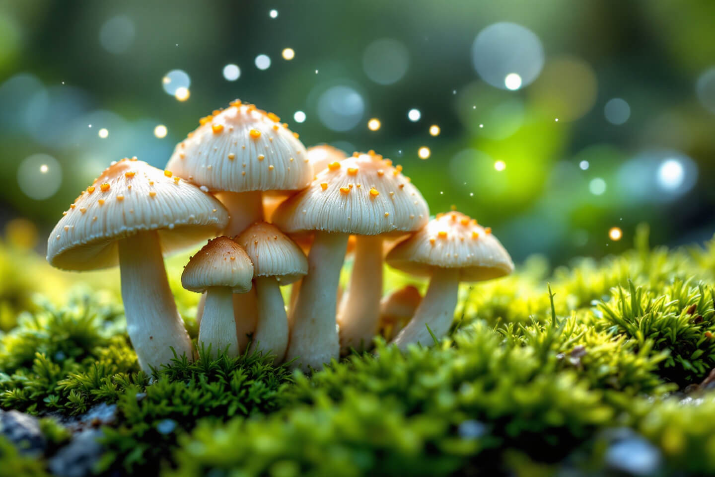 A cluster of psilocybin mushrooms growing in a lush, green forest illuminated by sparkling, magical light, symbolizing the natural origins and potential of psilocybin.