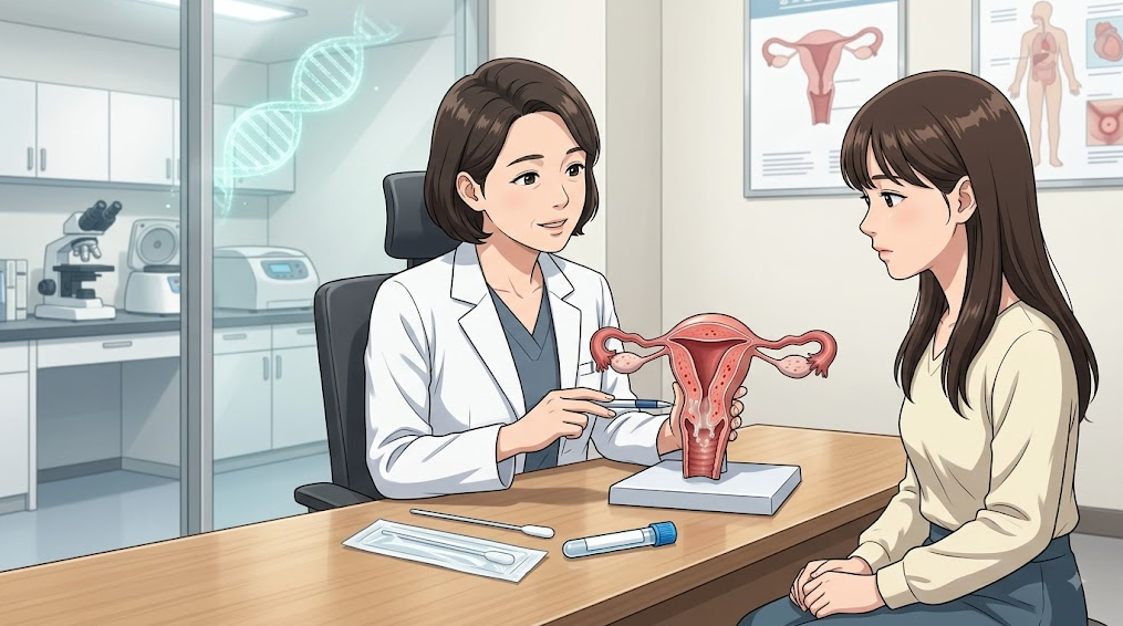 자궁경부 분비물 및 접촉 출혈 확인과 감염검사를 설명하는 산부인과 진료 일러스트