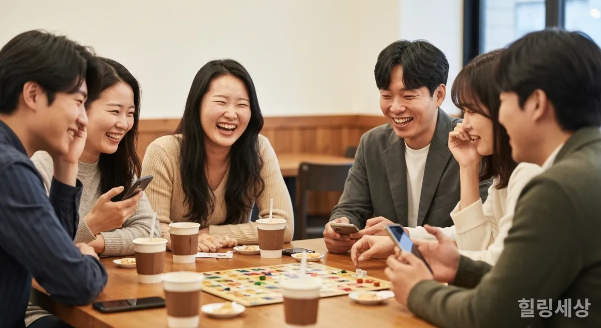 보드게임을 하며 즐거워하는 한국인 친구들