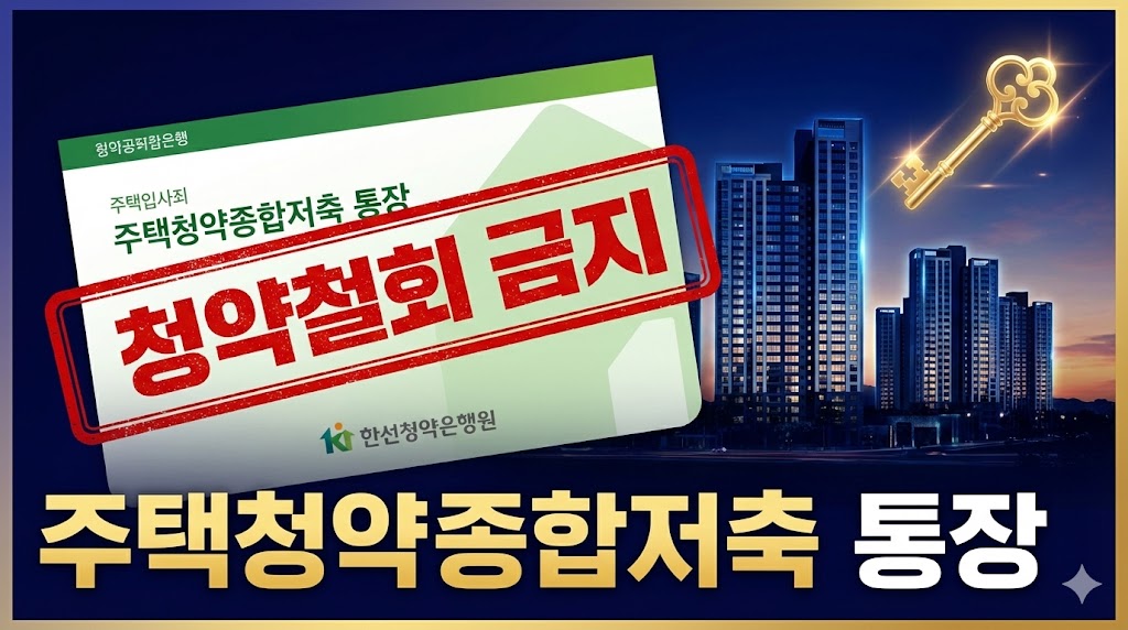 청약통장에 '해지 금지'라는 강렬한 도장이 찍혀 있고, 그 뒤로 신축 아파트 단지와 황금 열쇠가 겹쳐진 세련된 디자인