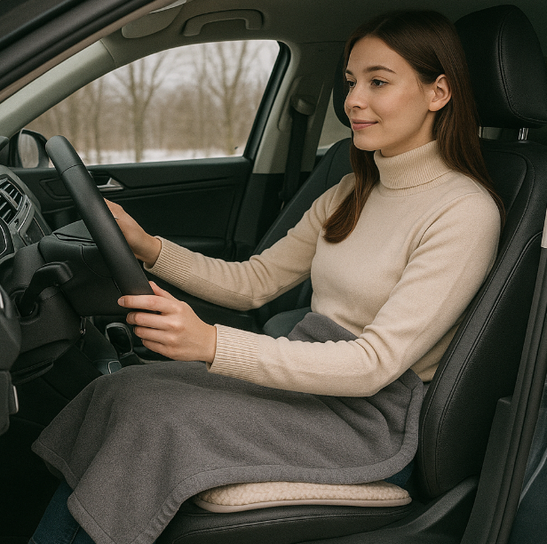 차량용 무릎 담요와 보온 방석을 장착하고 운전하고 있는 여성사진