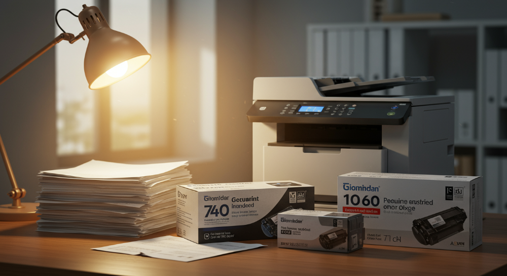 레이저프린터 옆에 놓인 정품 토너와 호환 토너 카트리지, 비용 효율성을 강조하는 이미지
