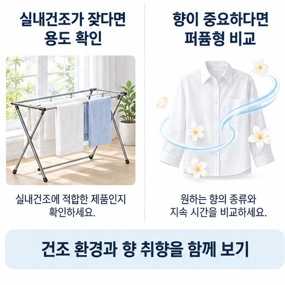 실내건조와 향 지속 중 어떤 기준을 우선할지 세탁 환경에 따라 고르는 모습을 표현한 이미지