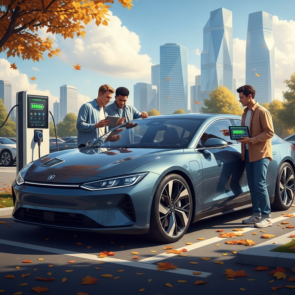 2025년 가을, 충전소에 주차된 세련된 중고 전기차를 젊은 부부가 태블릿으로 배터리 성능을 확인하며 점검하는 모습. 지속 가능한 도시 생활과 기술의 조화를 나타냄.