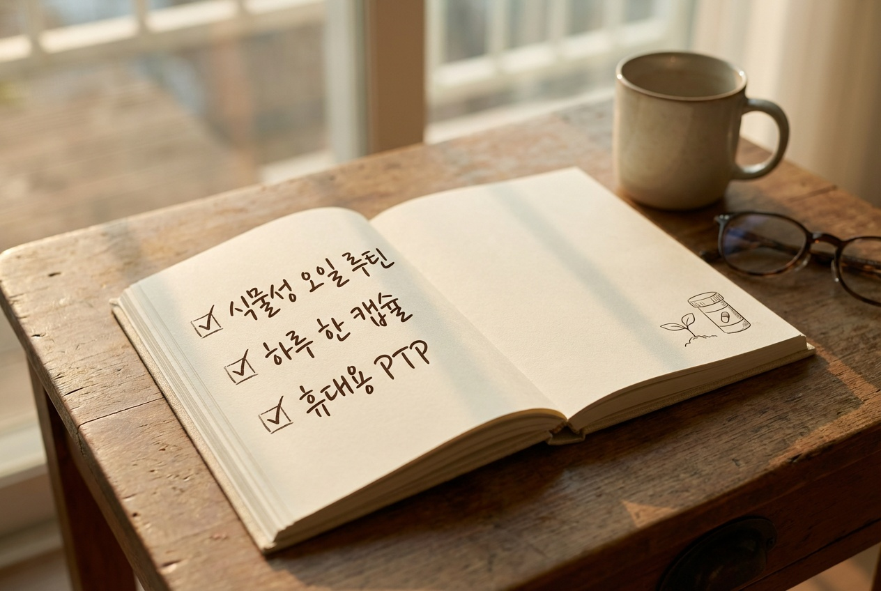 노트에 체크박스가 적혀 있고 &lsquo;식물성 오일 루틴&rsquo;, &lsquo;하루 한 캡슐&rsquo;, &lsquo;외출용 PTP&rsquo; 항목에 체크되어 있는 장면으로, 실제 루틴에 잘 녹아드는 모습을 상징적으로 표현.