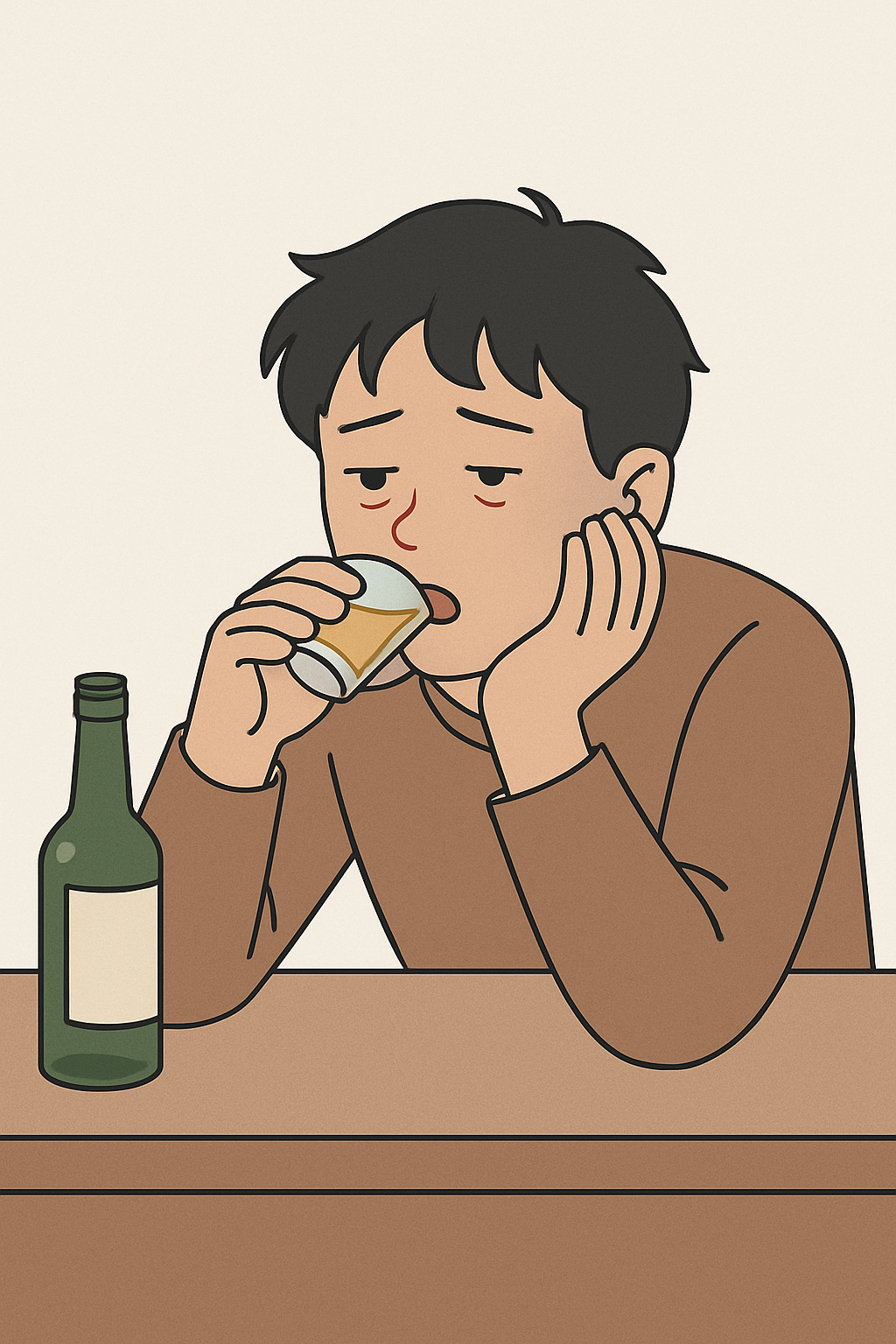 술잔을 든 채 피로에 지친 얼굴로 앉아 있는 청년의 무표정한 일러스트