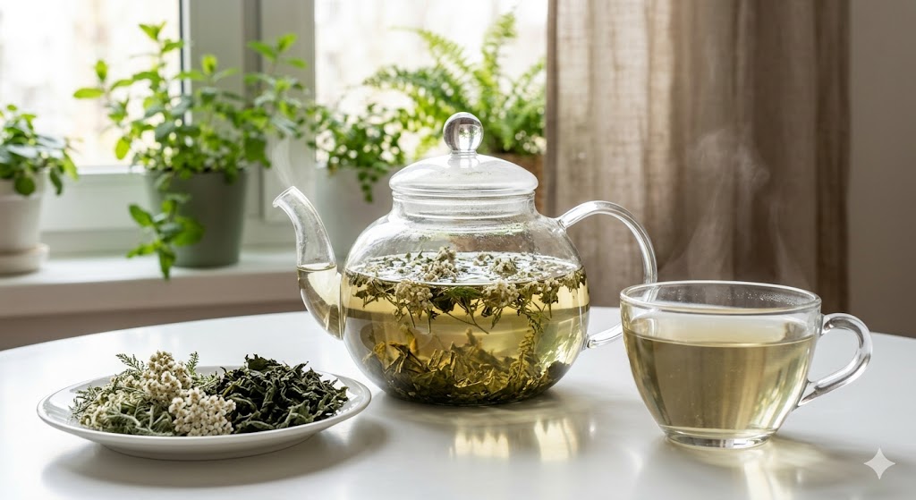 혈액을 깨끗하게 정화하고 알레르기 비염 증상을 강력하게 완화하는 데 도움을 주는 야로우 쐐기풀 블랜딩 차 디톡스