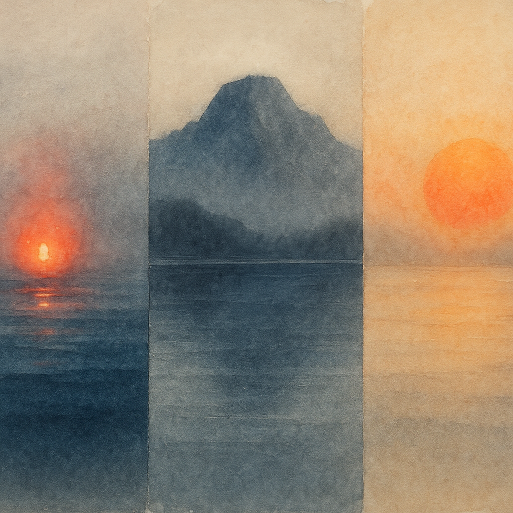 2025년 정해월에서 무자월로 넘어가는 명리 흐름을 표현한 감성 수채화 이미지. 잔불·겨울 강·병오년 태양을 상징한 일러스트로 2025년 12월 무자월 운세 해석을 시각적으로 묘사한 그림.