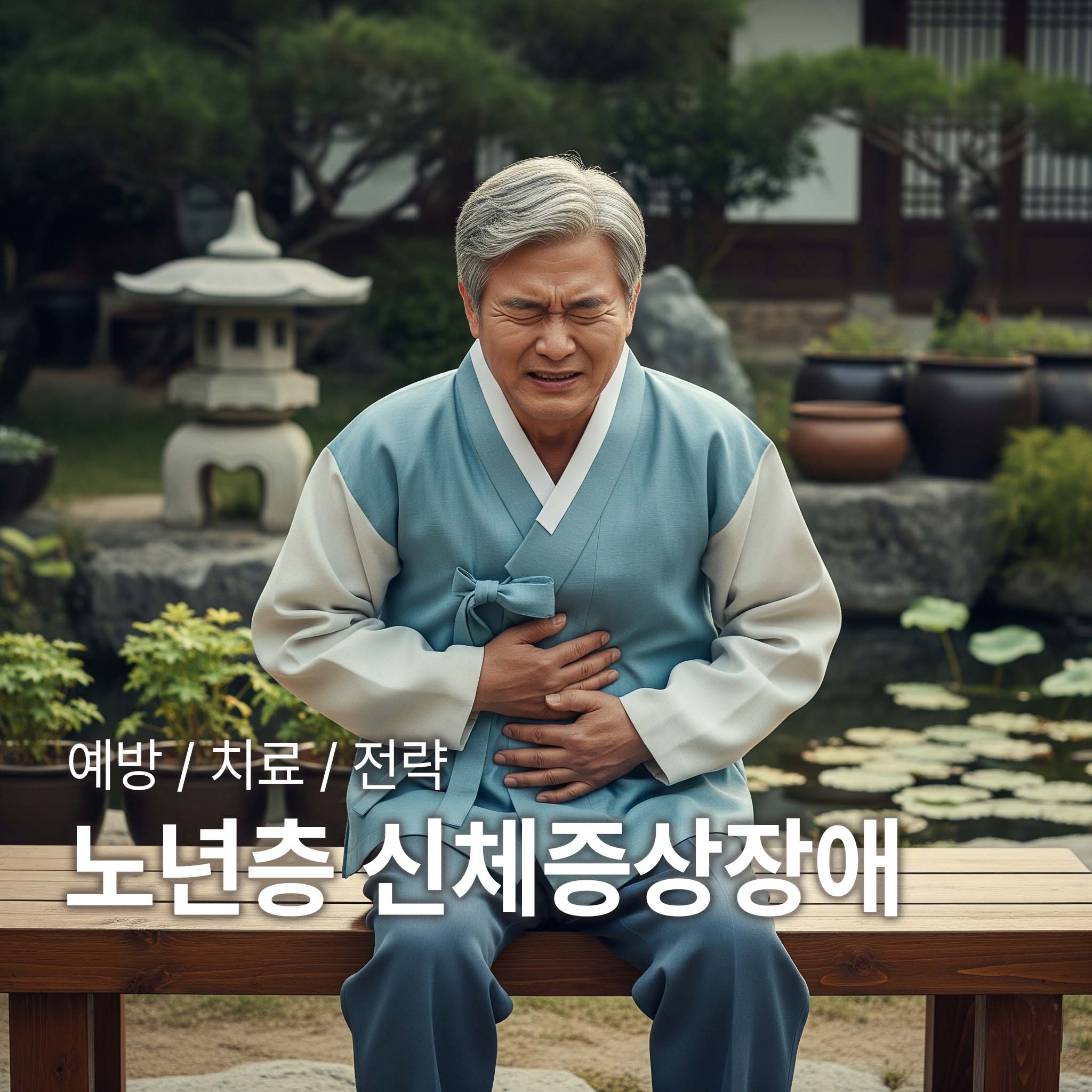 노인이 신체증상장애로 복통을 느끼고 있다