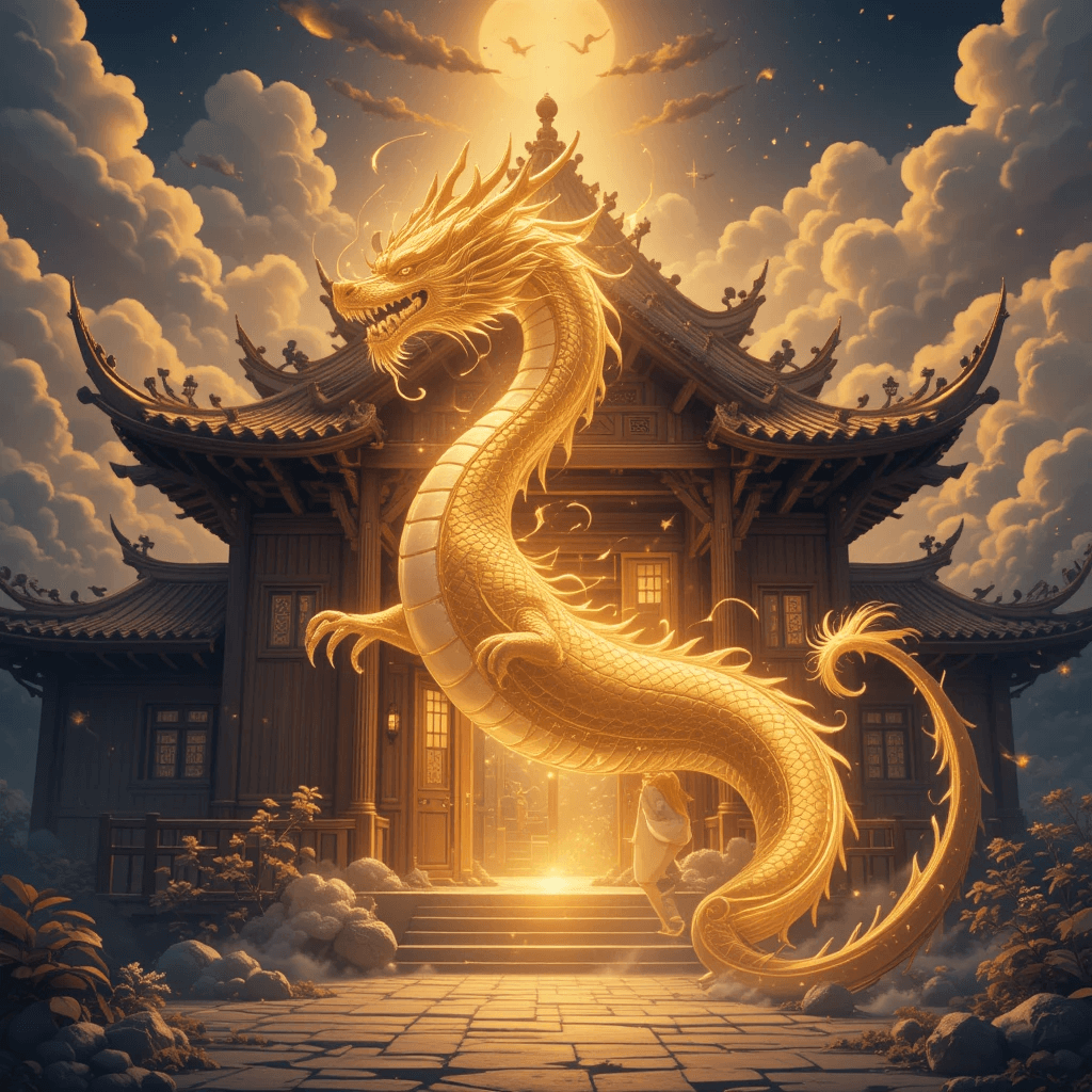 용이 나오는 꿈 중 길몽으로 금빛 용이 집으로 들어오는 꿈의 참고이미지입니다.