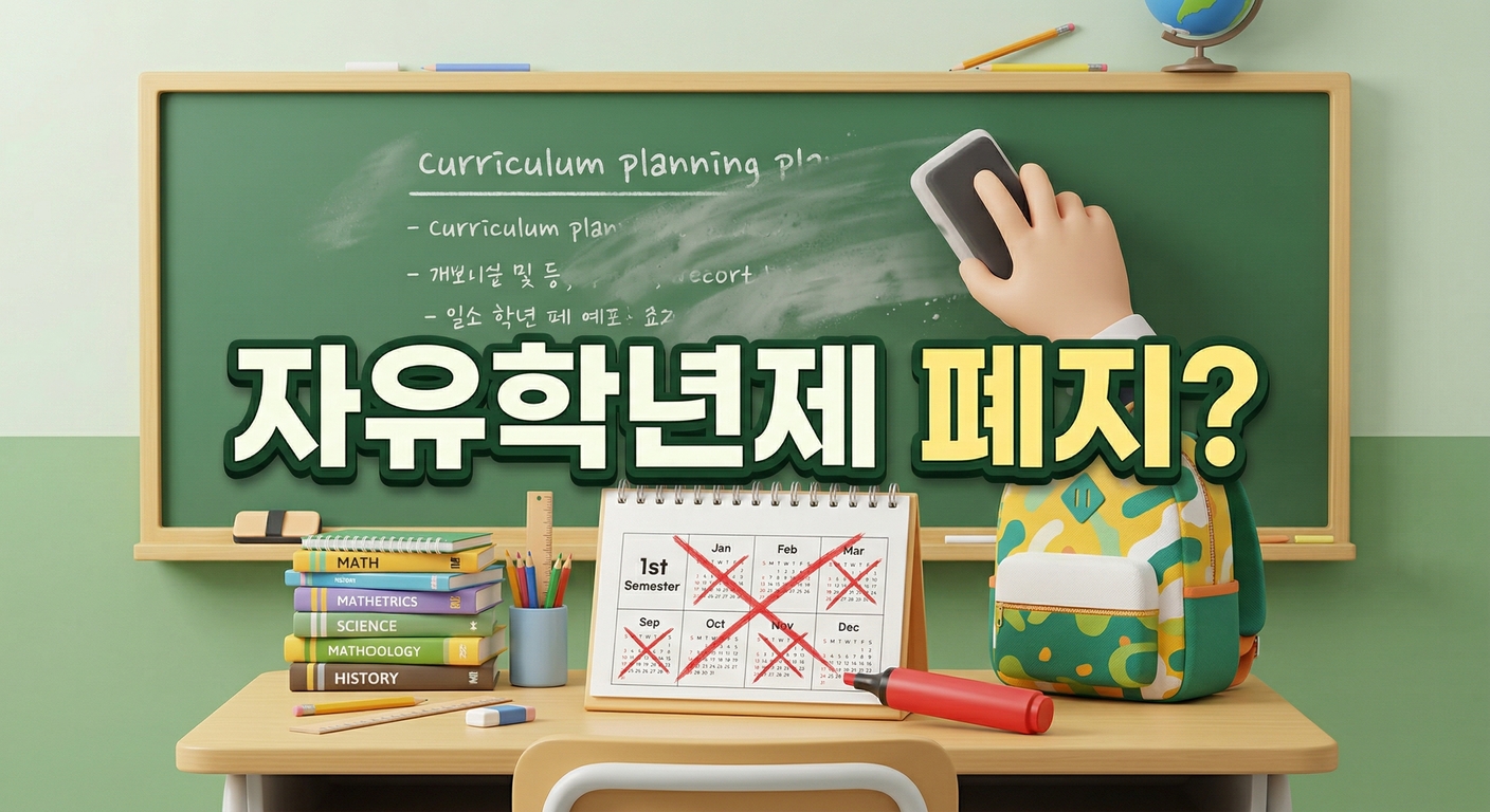 지워지고 있는 학교 칠판과 빨간색 마커로 한 학기가 지워진 달력이 다채로운 배낭과 책 더미 옆에 놓인 3D 일러스트 배경에, 짙은 그림자와 외곽선으로 선명하게 강조된 '자유학년제 폐지?'라는 한글 문구가 중앙에 적힌 이미지