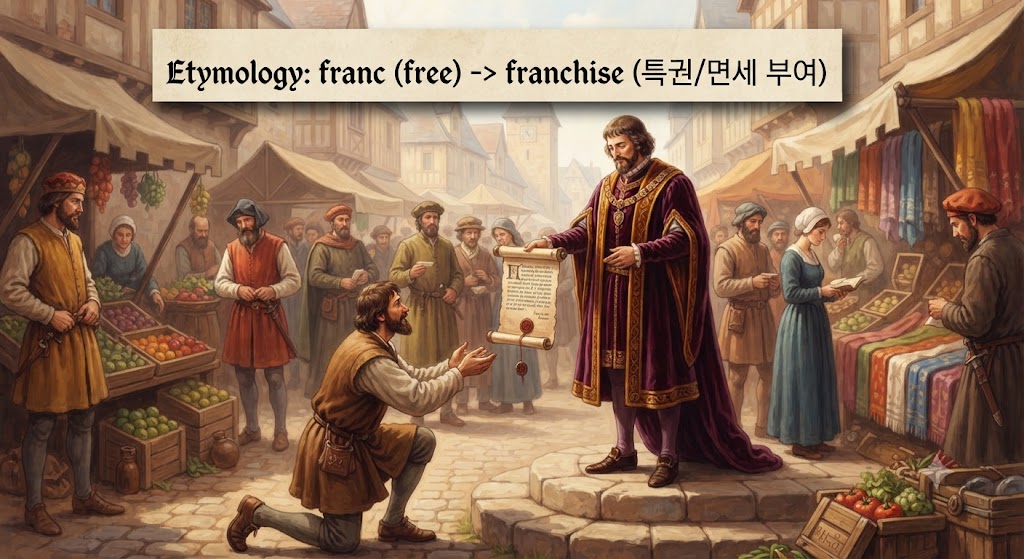 본문 1단계, 단어의 기원을 설명합니다. 중세 프랑스 시장의 활기찬 모습을 배경으로, 영주가 상인에게 '면세 및 시장 운영권'이 적힌 문서를 하사하며 상인이 환호하는 장면입니다. '특권을 부여받다'는 원래 의미를 직관적으로 보여줍니다.