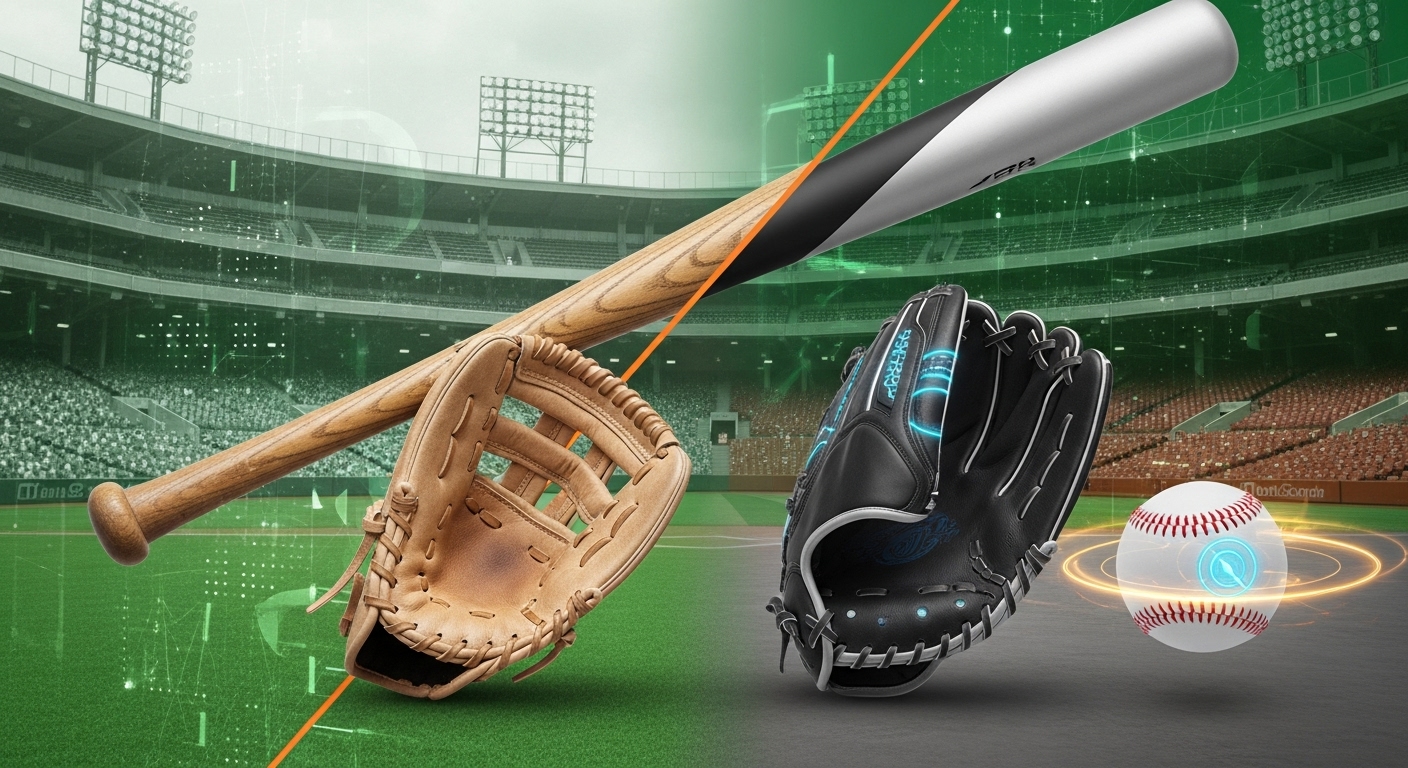 과거의 나무 배트와 가죽 글러브, 그리고 미래의 첨단 복합 배트와 인체공학적 글러브가 대비되어 야구 장비의 극적인 진화를 보여주는 대표 이미지