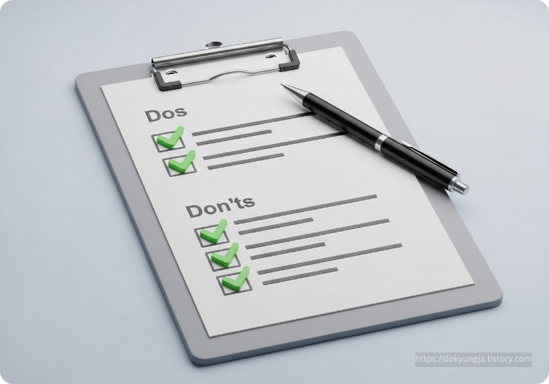 체크 표시된 항목들과 펜이 있는 클립보드로 표현한 실수 방지 체크리스트 3D 일러스트