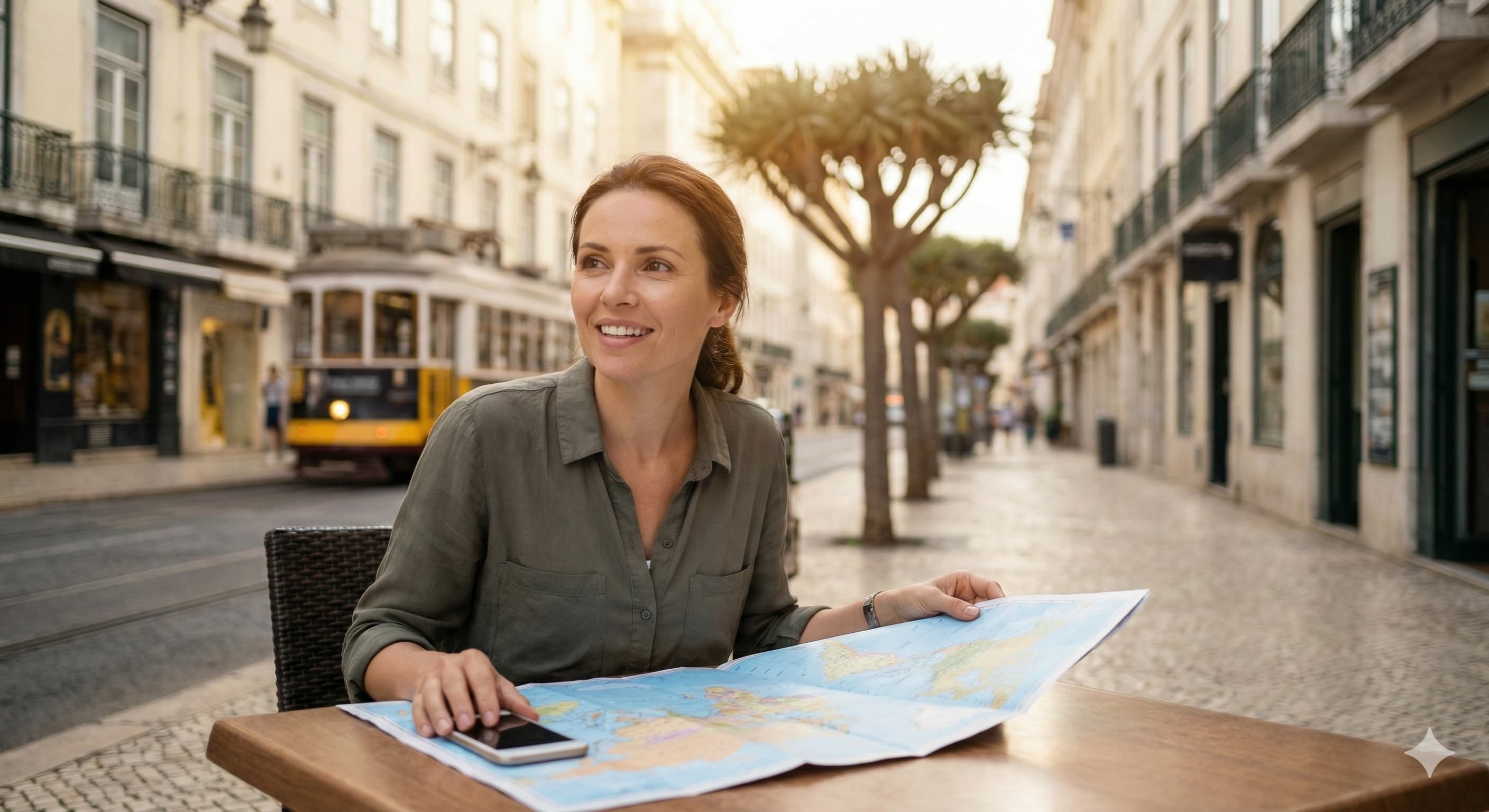 이국적인 유럽풍 거리의 야외 카페에서 지도를 펼쳐 놓고 다음 목적지를 고민하는 여성, 디지털 노마드의 여행 계획