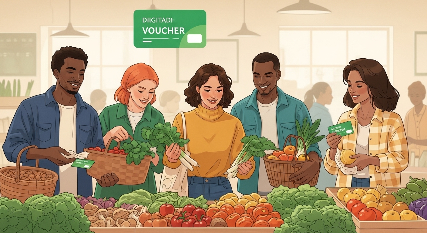 다양한 연령대의 사람들이 농협 하나로마트에서 신선한 과일, 채소, 버섯, 잣 등 국산 농식품과 임산물을 농식품 바우처 카드로 구매하는 모습.