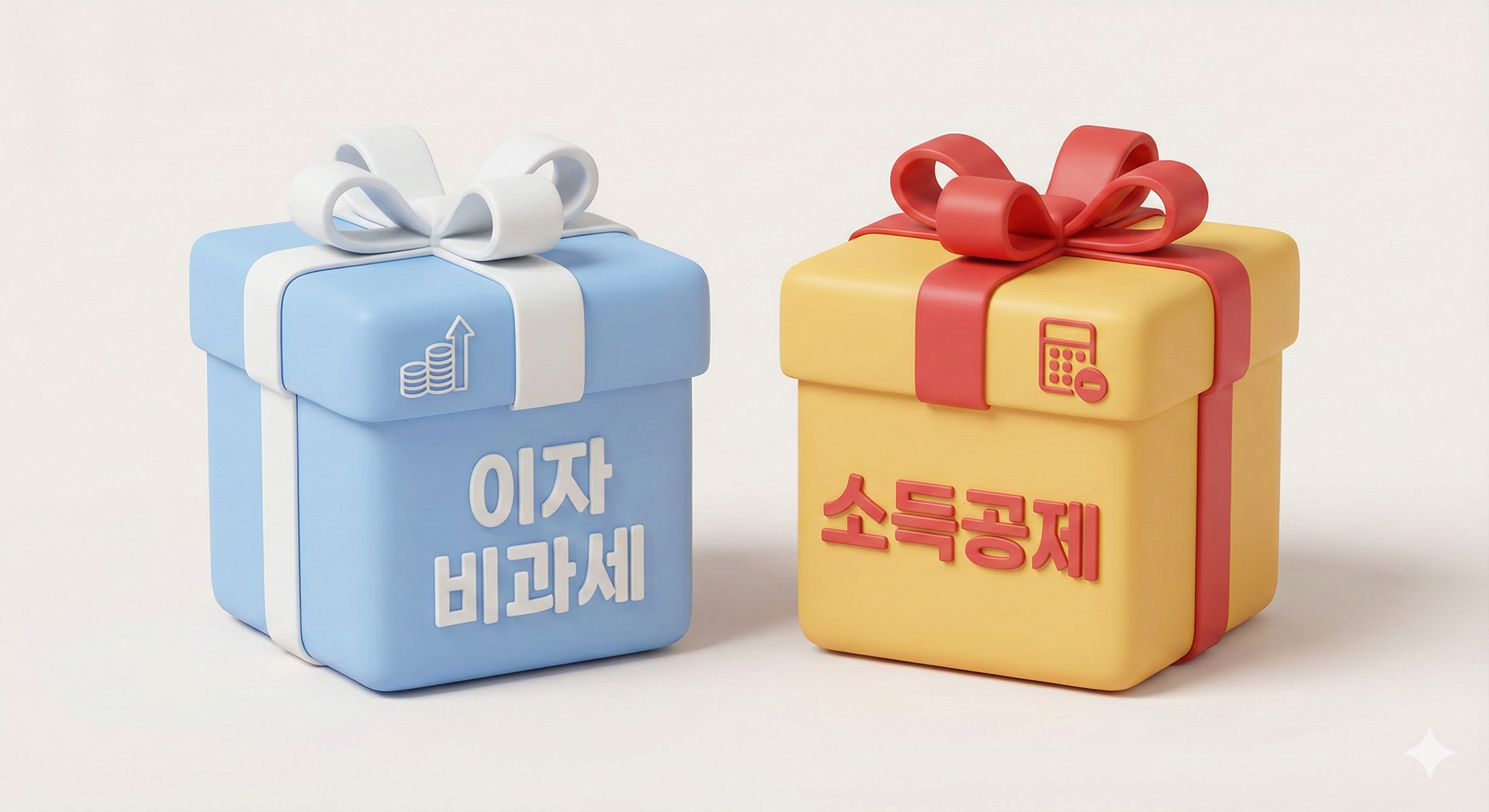 두 개의 선물 상자 이미지가 나란히 놓여 있고 왼쪽 상자에는 '이자 비과세' 오른쪽 상자에는 '소득공제'라고 적혀 있는 3D 아이콘 이미지