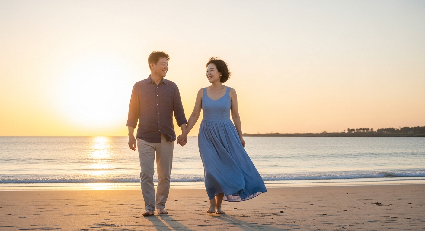 제주 바닷가서 산책하는 50대 부부