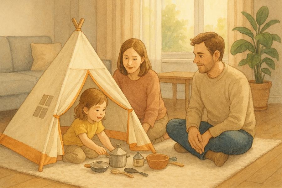 키즈 전용 캠핑 놀이 하는 가족 _ 이미지