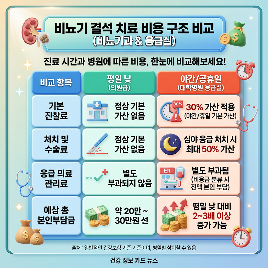 시간대별, 기관별 요로결석 진료비 구조 핵심 비교 요약