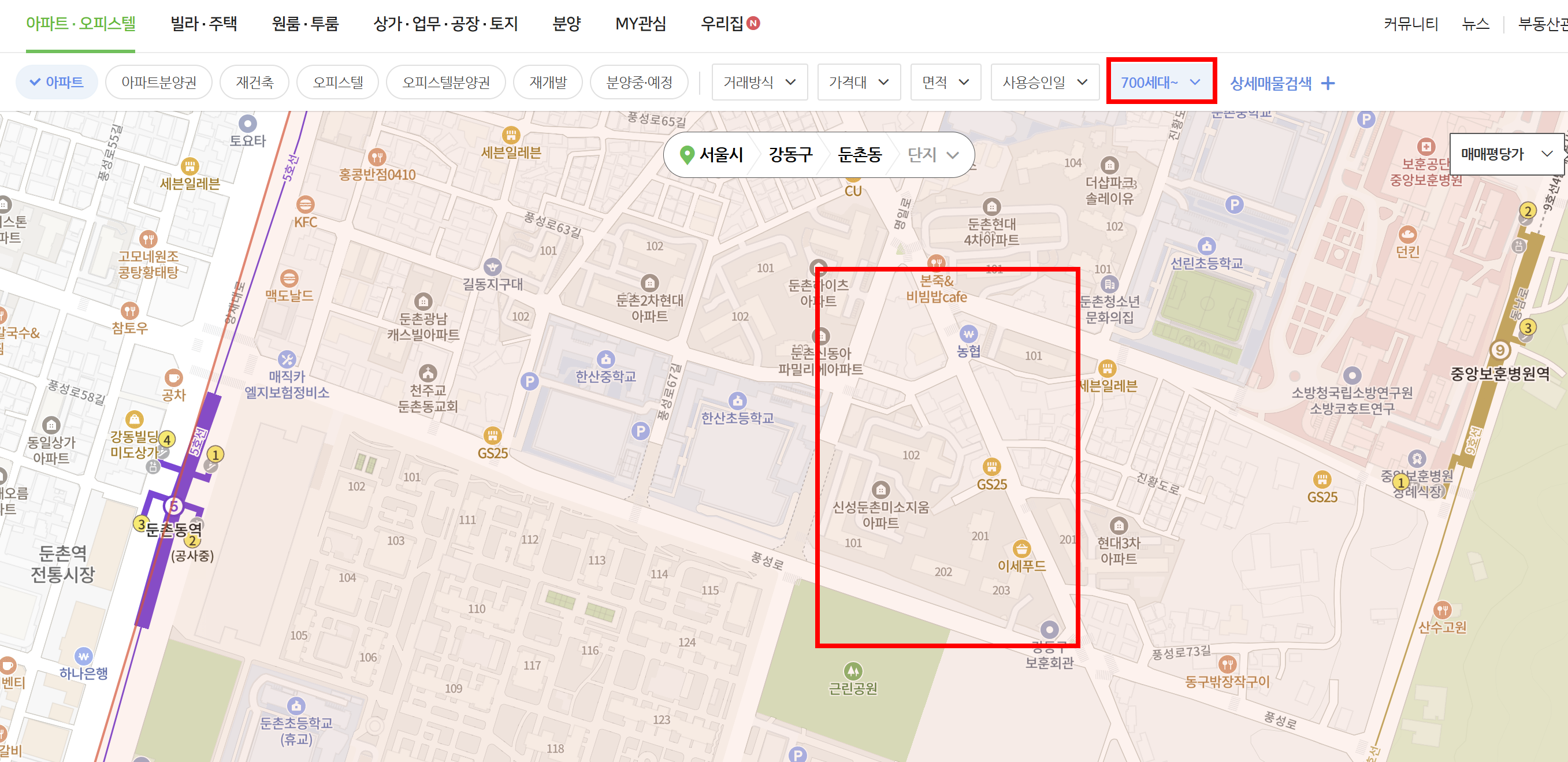 세대수 700세대 이상으로 필터링 했을 때 결과