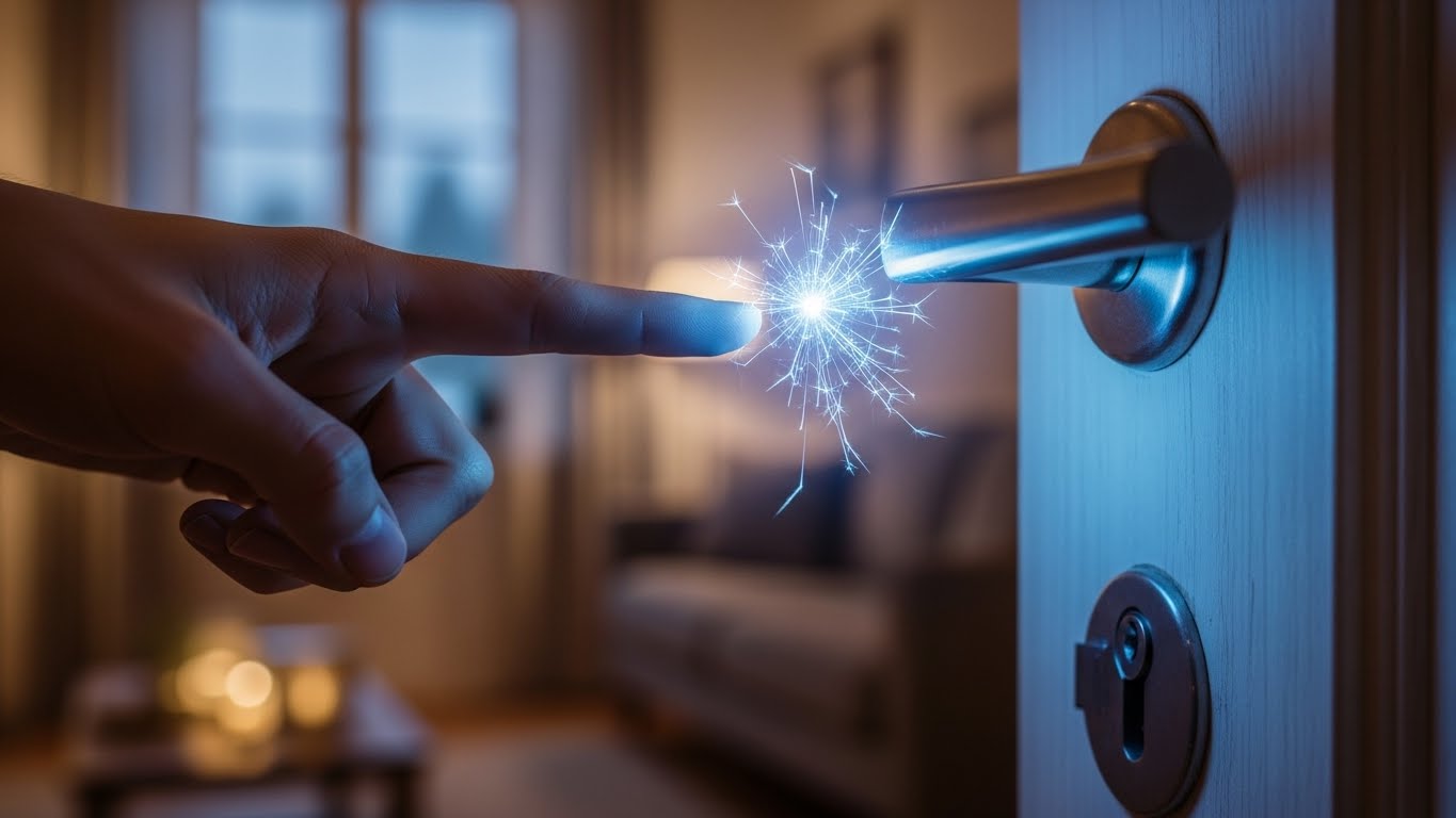 겨울철 문고리를 잡을 때 정전기 스파크가 튀는 모습