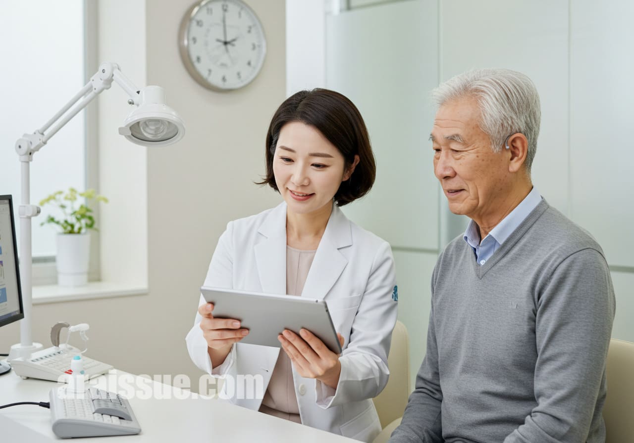 40대 한국인 청각사가 환자에게 태블릿 화면을 보여주며 보청기 착용 후 반응을 설명하고 있다. 상담실은 현대식이며 따뜻한 분위기다.