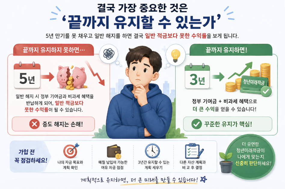 청년미래적금 중도 해지 시 불이익 및 유지 혜택 비교: 일반 적금보다 높은 수익률을 위한 3년 만기 유지의 중요성과 가입 전 체크리스트