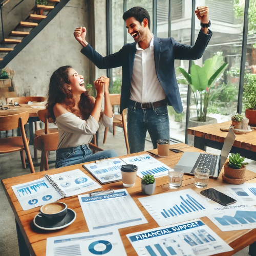 소상공인 정책자금을 활용해 성공을 축하하는 카페 사업주 모습