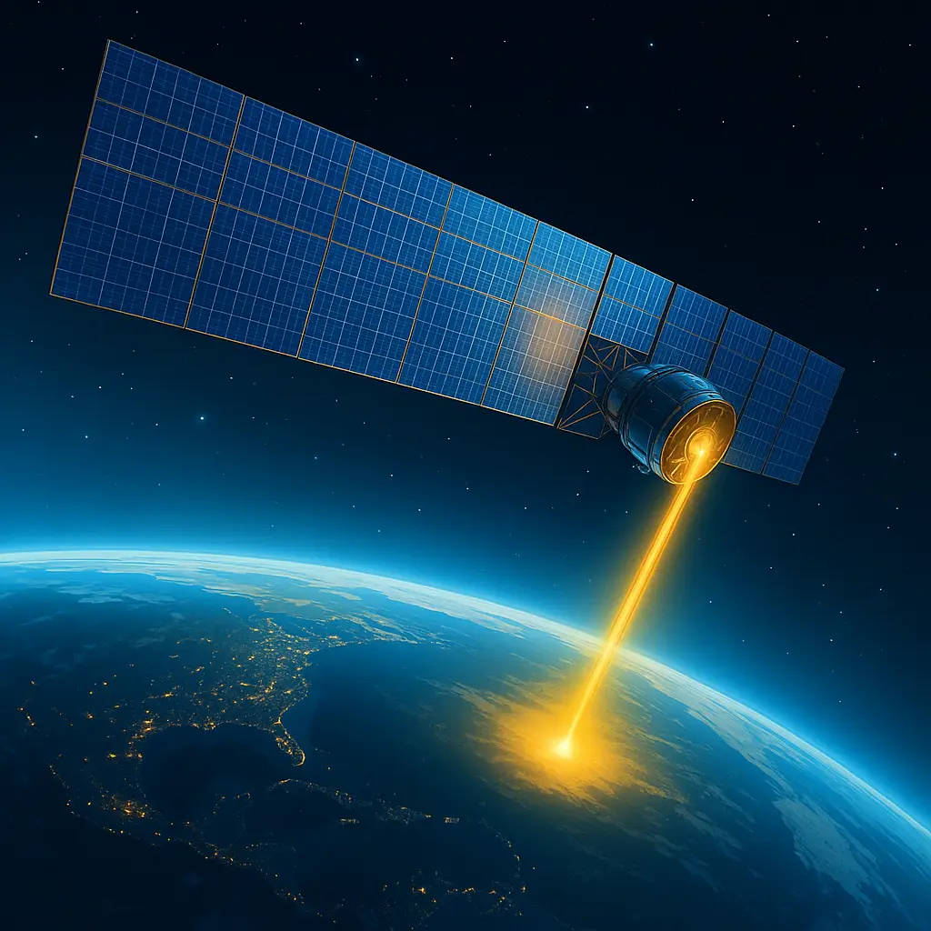 우주 궤도에 설치된 태양광 패널이 지구로 에너지를 전송하는 상상도