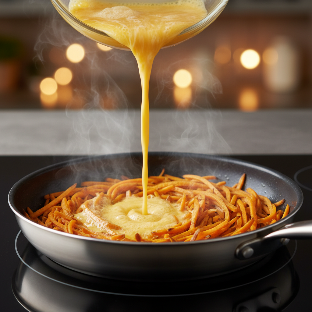 고구마 위에 계란물을 붓는 모습