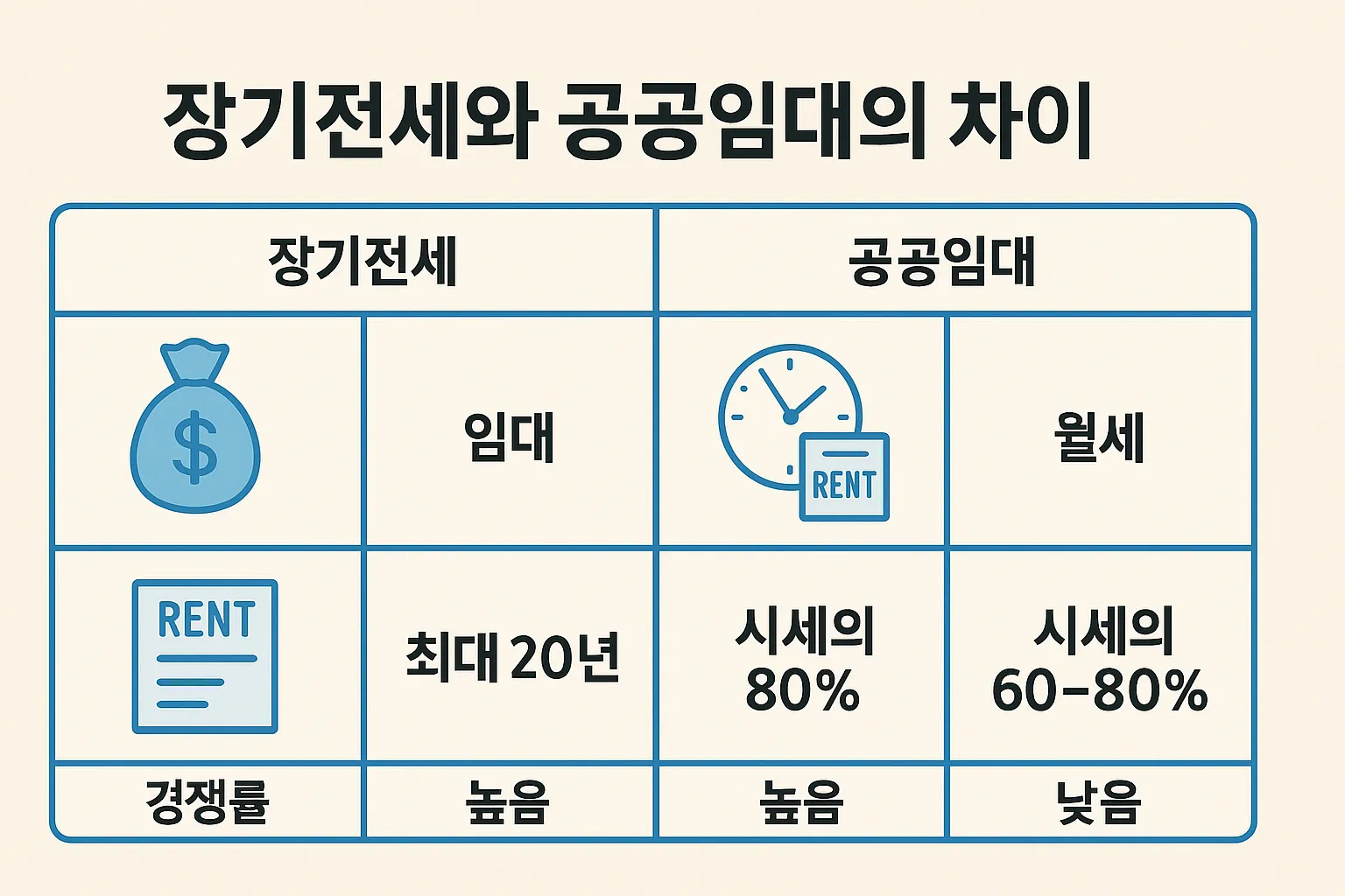 장기전세와 공공임대의 임대 방식과 거주 기간, 시세 기준 임대료, 경쟁률 차이 등을 비교하여 선택에 도움을 주는 인포그래픽 자료