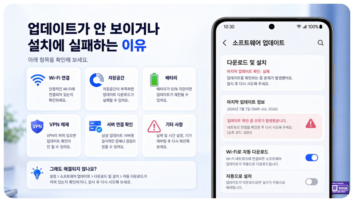 갤럭시 보안 업데이트가 안 보이거나 설치에 실패할 때 Wi-Fi 저장공간 배터리 VPN 점검방법