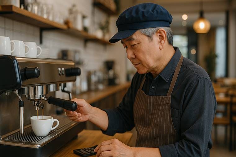 공공형 카페에서 에스프레소를 추출 중인 중장년 바리스타의 모습
