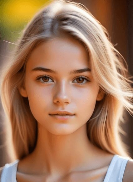 매우 안정적으로 보이는 예쁜 백인 소녀가 정면을 바라본다. 긴 금발머리에 큰 갈색 눈을 가졌다.