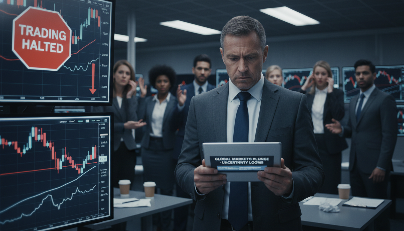 주식 거래정지 및 상장폐기 위기에 처한 기업의 불안정한 상황을 보여주는 이미지. 하락하는 주식 차트와 걱정스러운 표정의 투자자들이 보인다.