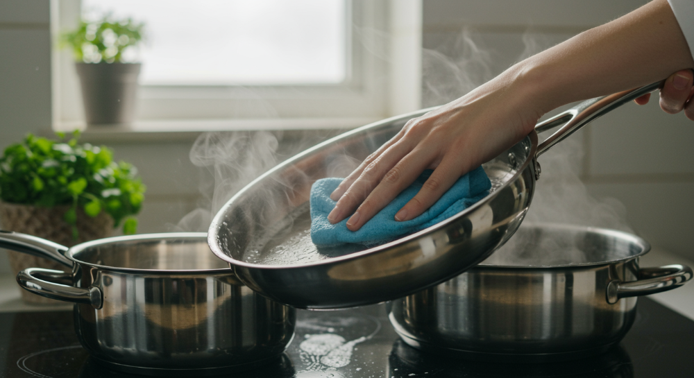 스테인리스 냄비와 팬에서 연마제를 제거하는 모습. 거품과 증기가 있는 친환경 세척제로 광택이 나는 표면을 부드럽게 닦는 손과 깨끗하고 반사되는 스테인리스 주방용품. 건강한 주방 환경을 강조.