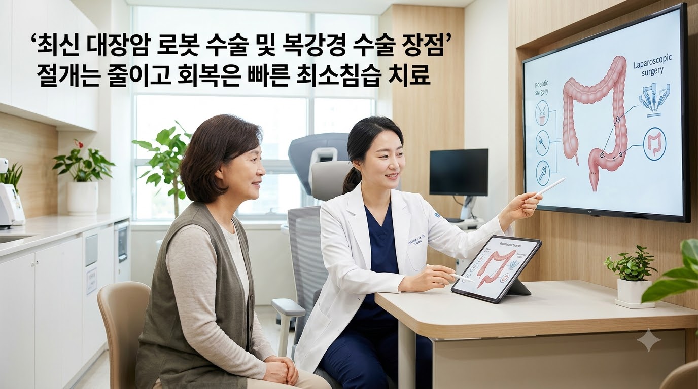 최첨단 수술실과 진료 환경이 갖춰진 밝고 신뢰감 주는 진료실에서 전문 대장항문외과 의사와 환자가 밝은 표정으로 최신 로봇 수술 및 복강경 수술의 장점과 빠른 회복 과정에 대해 차분하게 상의하고 있는 모습. '최신 대장암 로봇 수술 및 복강경 수술 장점', '절개는 줄이고 회복은 빠른 최소침습 치료'라는 문구가 적혀 있어, 최소침습 수술의 안전성과 우수성을 시각화함.