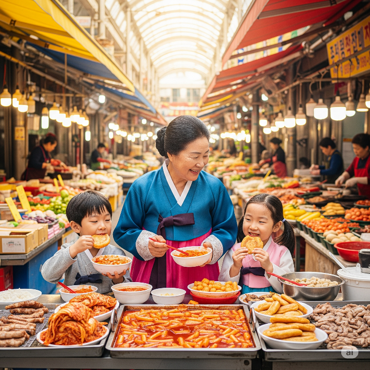 활기찬 부산 시장에서 한국인 할머니와 손주들이 떡볶이와 호떡을 즐겁게 먹는 활기찬 모습
