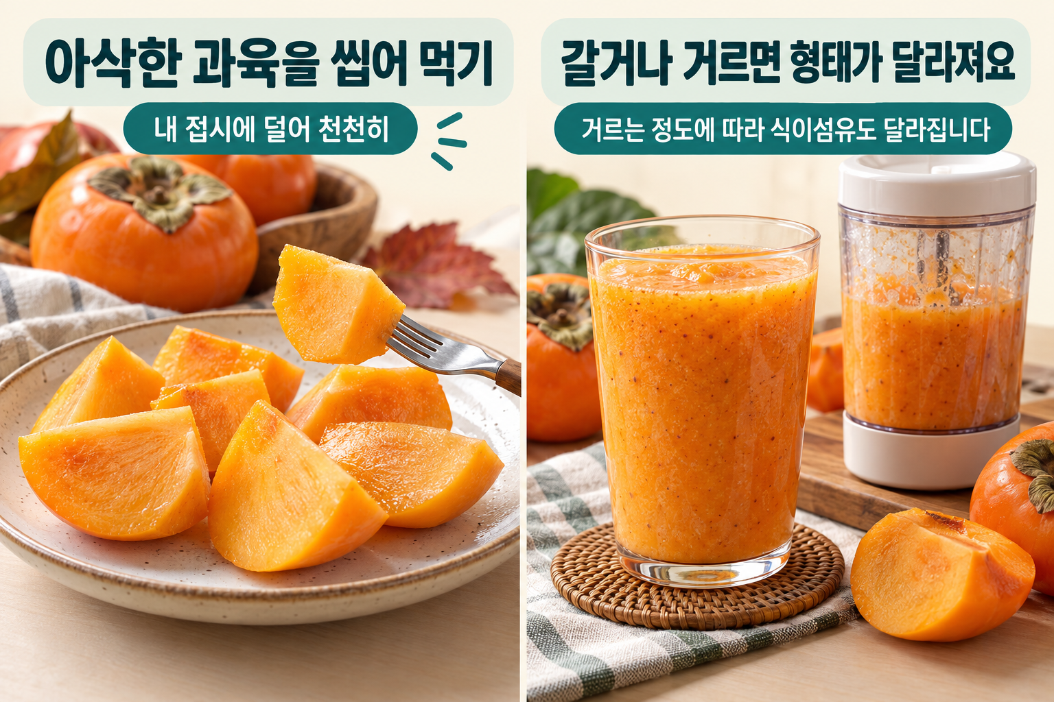 포크로 먹는 단감 조각과 과육을 갈아 만든 음료를 비교. 거르는 정도에 따라 남는 식이섬유가 달라집니다.