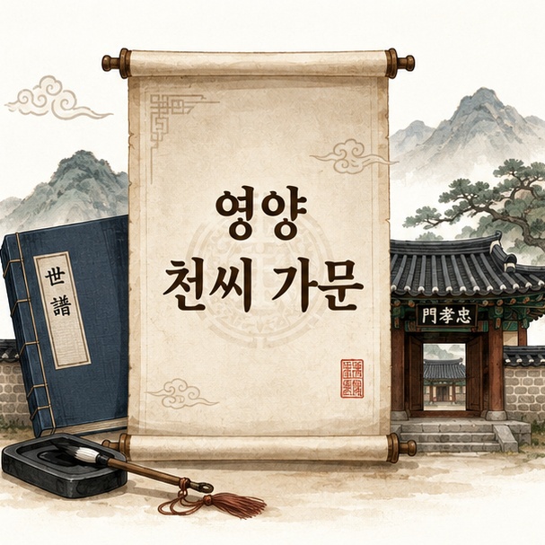 조선시대 족보와 전통 건축물을 배치하고 ‘영양 천씨 가문’이라는 제목을 표시한 역사 정보 대표 이미지