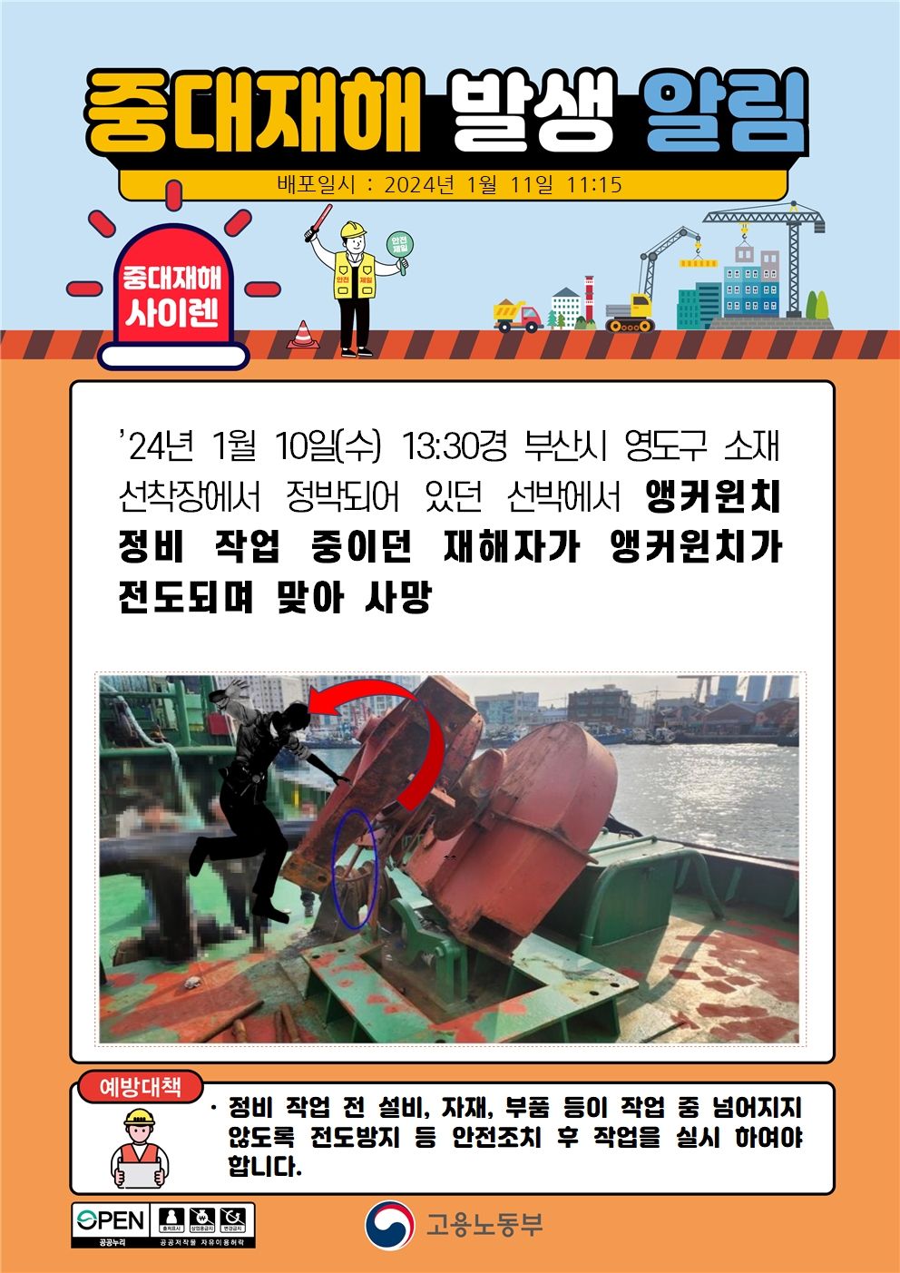 선박 앵커윈치 정비 작업 중 앵커윈치가 전도되며 맞음