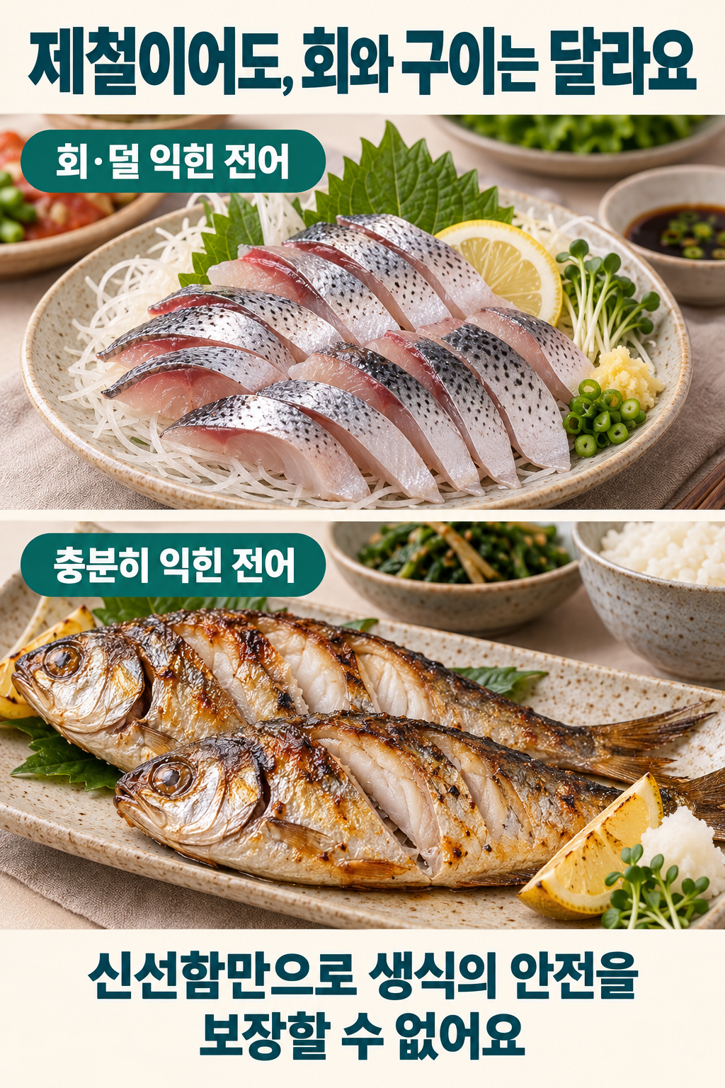 회와 충분히 익힌 전어의 비교. 신선한 회도 생식의 안전을 보장하지 않습니다.