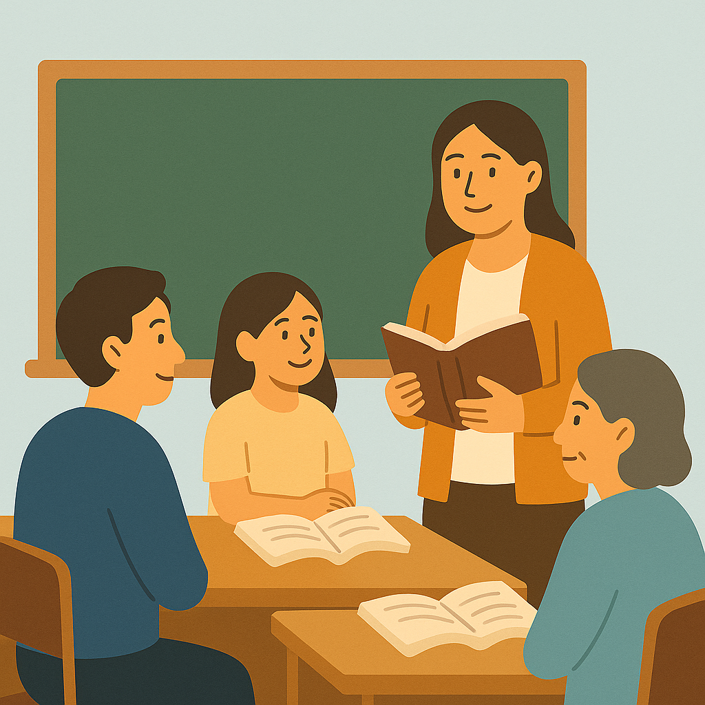 차분한 민트와 브라운 톤의 일러스트로, 강의실 앞 칠판에 ‘한국어교육’이라고 쓰여 있고 교사와 수강생이 원탁에 둘러앉아 자격증 교재를 보며 토론하는 모습