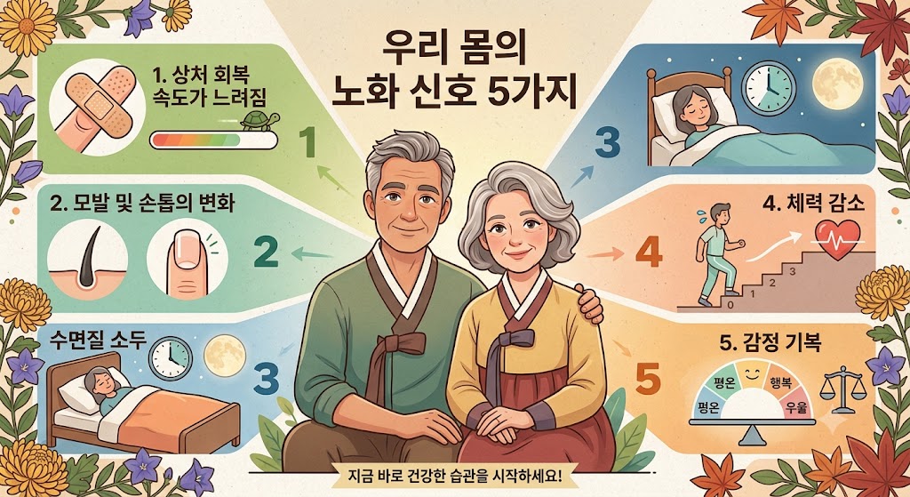 우리 몸의 노화 신호 5가지(상처 회복 속도 저하, 모발 및 손톱 변화, 수면 질 저하, 체력 감소, 감정 기복)를 설명하는 건강 인포그래픽 이미지