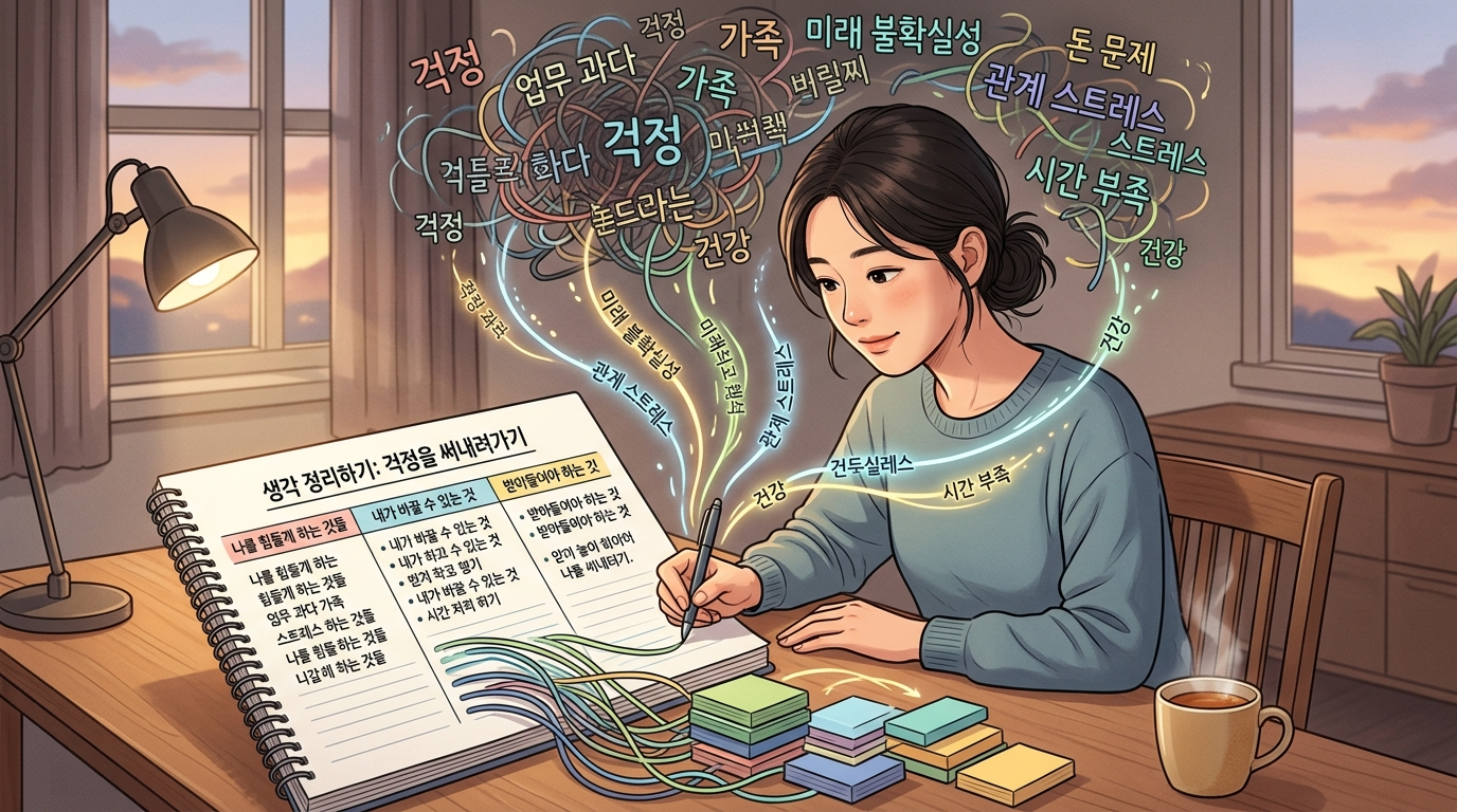 걱정을 기록하여 머릿속 사고를 정리하는 심리적 안정 과정 이미지