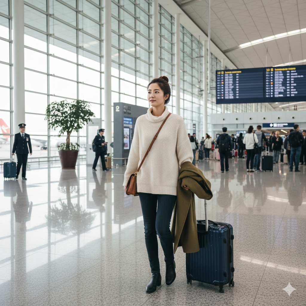 혼자 여행하는 모습 여유롭고 흥미로운 미소로 여행을 떠나는 여성 이미지