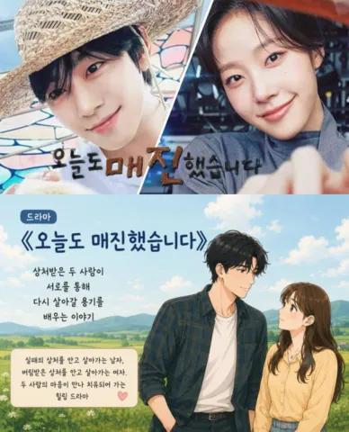 드라마 &lsquo;오늘도 매진했습니다&rsquo; 홍보 이미지로, 밀짚모자를 쓴 남성과 여성의 사진과 들판에서 마주 보는 남녀 일러스트가 함께 담겨 있으며 상처를 극복하고 서로를 통해 다시 살아갈 용기를 얻는 힐링 드라마임을 소개하고 있다.